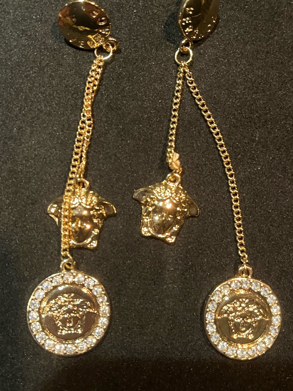 Versace Gold Medusa Chain Drop Earrings with Crystal Coin